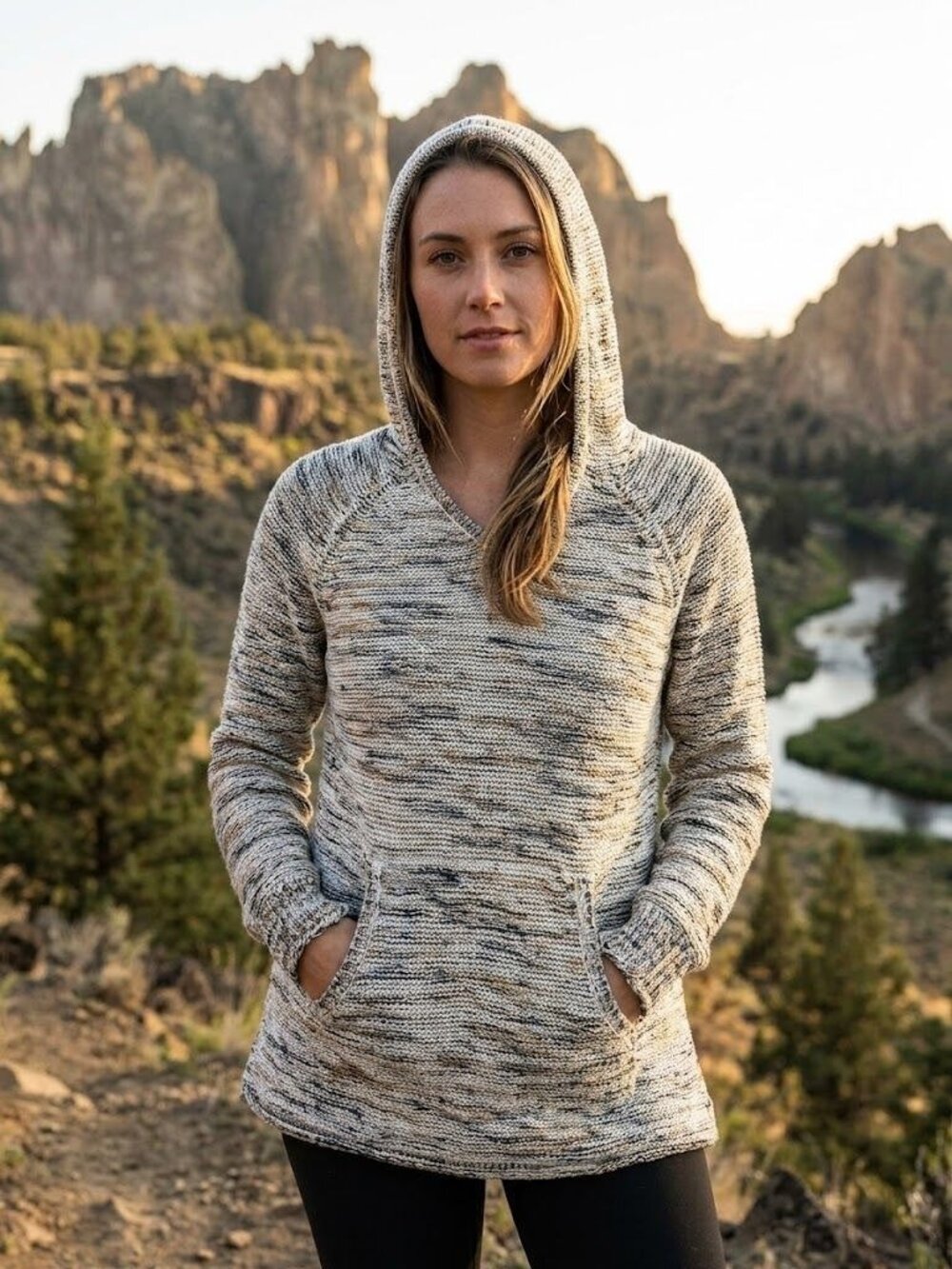 Eddie Bauer Womens Large Hooded Pullover Sweater Marled Knit Cream Gray Tan